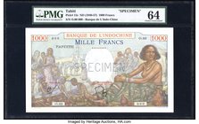Tahiti Banque de l'Indochine, Papeete 1000 Francs ND (1940-57) Pick 15s Specimen PMG Choice Uncirculated 64. A appealing Specimen with wide margins an...