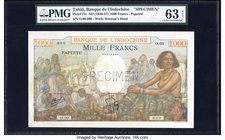 Tahiti Banque de l'Indochine, Papeete 1000 Francs ND (1940-57) Pick 15s Specimen PMG Choice Uncirculated 63 Net. A delightful Specimen highlighted by ...