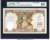 Tahiti Banque de l'Indochine, Papeete 100 Francs ND (ca. 1940) Pick 16As Specimen PMG Choice Uncirculated 64. A compelling Specimen with soft brown in...