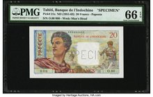 Tahiti Banque de l'Indochine 20 Francs ND (1951-63) Pick 21s Specimen PMG Gem Uncirculated 66 EPQ. Perforated with the word SPECIMEN, this colorful Fr...