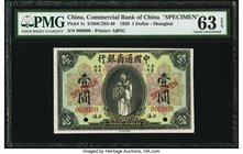 China Commercial Bank of China 1 Dollar 1920 Pick 1s S/M#C293-40 Specimen PMG Choice Uncirculated 63 EPQ. An exceptional Specimen on crisp, clean pape...