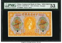 China Commercial Bank of China 10 Dollars 15.1.1920 Pick 5s S/M#C293-44 Specimen PMG About Uncirculated 53. A rarely seen type, and desirable as such....