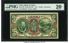 China Bank of China, Manchuria 1 Dollar 1.6.1912 Pick 25l S/M#C294-30l PMG Very Fine 20. The portrait of Emperor Huang Di is seen on this Manchuria lo...