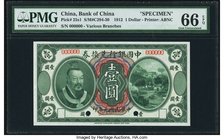 China Bank of China 1 Dollar 1.6.1912 Pick 25s1 S/M#C294-30 Specimen PMG Gem Uncirculated 66 EPQ. A gorgeous high grade Specimen showcasing the 1912 o...