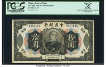 China Bank of China 10 Yuan 4.10.1914 Pick 35 S/M#C294-52 PCGS Apparent Very Fine 35. A splendid rarity, only available in issued form as a remainder,...