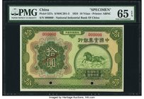 China National Industrial Bank of China 10 Yüan 1924 Pick 527s S/M#C291-3 Specimen PMG Gem Uncirculated 65 EPQ. A pretty Specimen for the National Ind...