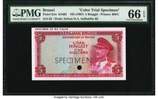 Brunei Government of Brunei 5 Ringgit ND (1967) Pick 2cts KNB2 Color Trial Specimen PMG Gem Uncirculated 66 EPQ. Pinkish-red hues have been used inste...