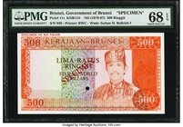 Brunei Government of Brunei 500 Ringgit ND (1979-87) Pick 11s KNB11S Specimen PMG Superb Gem Unc 68 EPQ. Representing the single finest graded example...
