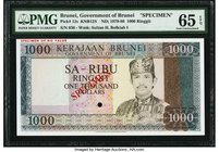 Brunei Government of Brunei 1000 Ringgit ND (1979-86) Pick 12s KNB12S Specimen PMG Gem Uncirculated 65 EPQ. This beautiful and rare Specimen represent...