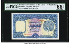 Burma Government of Burma 10 Rupees ND (1949) Pick 36s Specimen PMG Gem Uncirculated 66 EPQ. The example on offer is the highest graded on the PMG Pop...
