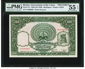 Burma Government of Burma 100 Rupees 1.1.1948 Pick 37s Specimen PMG About Uncirculated 55 EPQ. A delightful Specimen bearing a peacock and dragon on t...