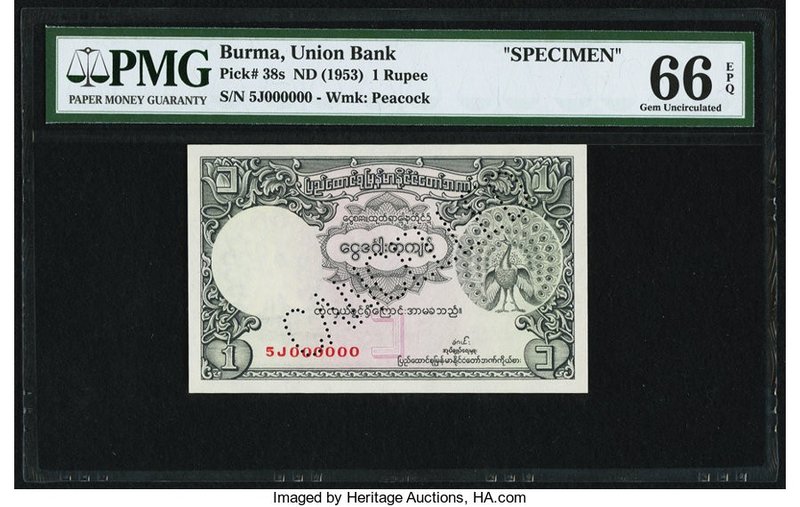 Burma Union Bank 1 Rupee ND (1953) Pick 38s Specimen PMG Gem Uncirculated 66 EPQ...