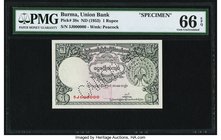 Burma Union Bank 1 Rupee ND (1953) Pick 38s Specimen PMG Gem Uncirculated 66 EPQ. The smallest denomination from the series preceding the introduction...