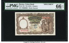 Burma Union Bank 5 Rupees ND (1953) Pick 39s Specimen PMG Gem Uncirculated 66 EPQ. Like Pick 35, but the reverse read "Union Bank of Burma". A very sh...