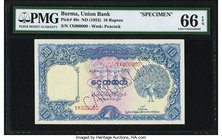 Burma Union Bank 10 Rupees ND (1953) Pick 40s Specimen PMG Gem Uncirculated 66 EPQ. A scarce Specimen from an issue that was very swiftly replaced wit...