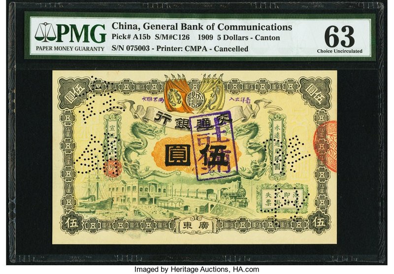 China General Bank of Communications, Canton 5 Dollars 1909 Pick A15b S/M#C126 P...