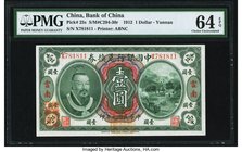 China Bank of China, Yunnan 1 Dollar 1912 Pick 25s S/M#C294-30r PMG Choice Uncirculated 64 EPQ. An exceptional top tier graded Yunnan issue, which rar...