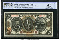 China Bank of China, Yunnan 5 Dollars 1.6.1912 Pick 26r SM-C294-31r PCGS Gold Shield Choice EF 45 Details. An intriguing issue printed by The American...