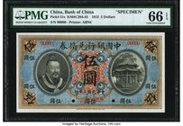 China Bank of China 5 Dollars 1.6.1913 Pick 31s S/M#C294-43 Specimen PMG Gem Uncirculated 66 EPQ. An exceptionally rare and beautiful design to find i...