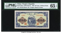China People's Bank of China 20 Yuan 1949 Pick 824a S/M#C282-33 PMG Gem Uncirculated 65 EPQ. A top tier graded early example from the first Renminbi s...