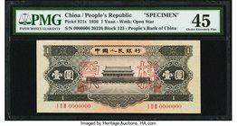 China People's Bank of China 1 Yuan 1956 Pick 871s S/M#C283-40 Specimen PMG Choice Extremely Fine 45. A scarce type Specimen from the 1956 issue. This...