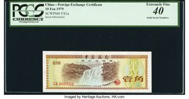 China Bank of China, Foreign Exchange Certificate 10 Fen 1979 Pick FX1a Solid 666666 Serial Number PCGS Extremely Fine 40. Featuring a desirable and f...