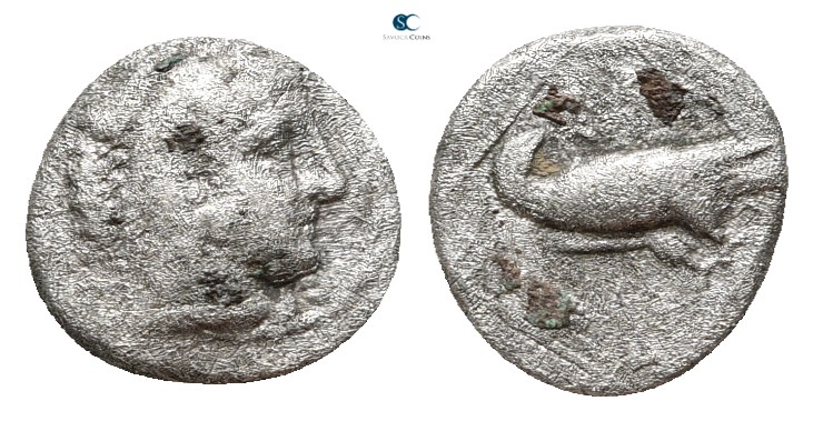 Kings of Macedon. Pella. Amyntas III 393-369 BC. 
Diobol AR

12 mm., 1,06 g....
