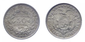BOLIVIA - Bolivia - Repubblica Boliviana - 50 Centavos 1904 - Ag