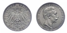 GERMANIA - PRUSSIA - Wilhelm II (1888-1918) 3 Mark 1908 - Ag Gr.16,67