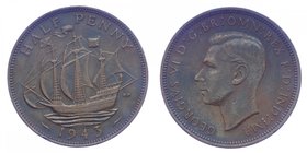 INGHILTERRA - Inghilterra - Giorgio VI - 1/2 Penny 1943 - 3 della data con rottura di conio