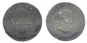 Lucca e Piombino - Felice Baciocchi e Elisa Bonaparte (1805-1814) 5 Franchi 1805 - Firenze - RARA - Periziata senza parere di conservazione- Ag
