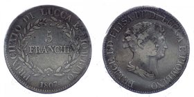 Lucca e Piombino - Felice Baciocchi e Elisa Bonaparte (1805-1814) 5 Franchi 1807 - Firenze - NC - Periziata BB+ - Ag
BB+