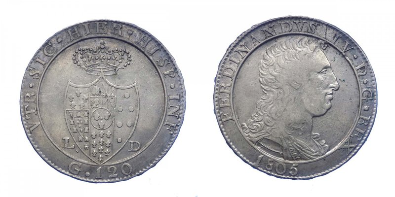 Regno di Napoli - Ferdinando IV (1759-1816) Piastra 120 Grana 1805 - Ag
SPL