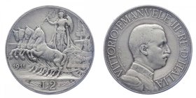 Vittorio Emanuele III - Vittorio Emanuele III (1900-1943) 2 Lire "Quadriga Veloce" 1911 - Ag - RR MOLTO RARA
BB