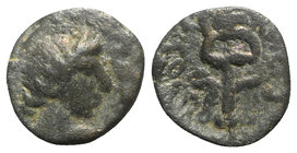 Gaul, Massalia, after 49 BC. Æ (10mm, 1.86g, 12h). Laureate head of Apollo r. R/ Winged caduceus. Depeyrot, Marseille 73. Green patina, near VF
