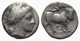 Southern Campania, Neapolis, c. 320-300 BC. AR Didrachm (18mm, 7.30g, 3h). Head of nymph r. R/ Man-headed bull standing r., crowned by Nike; Π below. ...