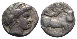 Southern Campania, Neapolis, c. 300 BC. AR Didrachm (19mm, 7.13g, 9h). Diademed head of nymph r.; four dolphins around. R/ Man-headed bull walking r.;...