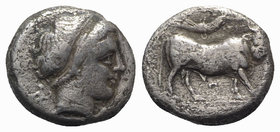 Southern Campania, Neapolis, 300-275 BC. AR Didrachm (18mm, 6.95g, 11h). Head of nymph r.; behind, Artemis running r. R/ Man-headed bull walking r.; a...