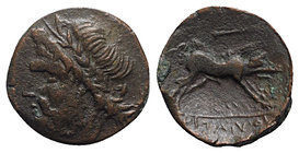 Northern Apulia, Arpi, 3rd century BC. Æ (19mm, 6.04g, 3h). Laureate head of Zeus l.; thunderbolt behind. R/ Boar r.; spear above. HNItaly 642; SNG AN...