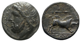 Northern Apulia, Arpi, 3rd century BC. Æ (21mm, 8.03g, 6h). Laureate head of Zeus l.; thunderbolt behind. R/ Boar r.; spear above. HNItaly 642; SNG AN...