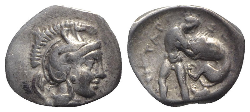 Southern Apulia, Tarentum, c. 380-325 BC. AR Diobol (12mm, 1.13g, 6h). Helmeted ...