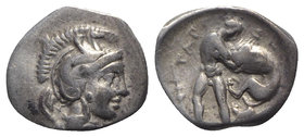 Southern Apulia, Tarentum, c. 380-325 BC. AR Diobol (12mm, 1.13g, 6h). Helmeted head of Athena r., helmet decorated with hippocamp. R/ Herakles standi...