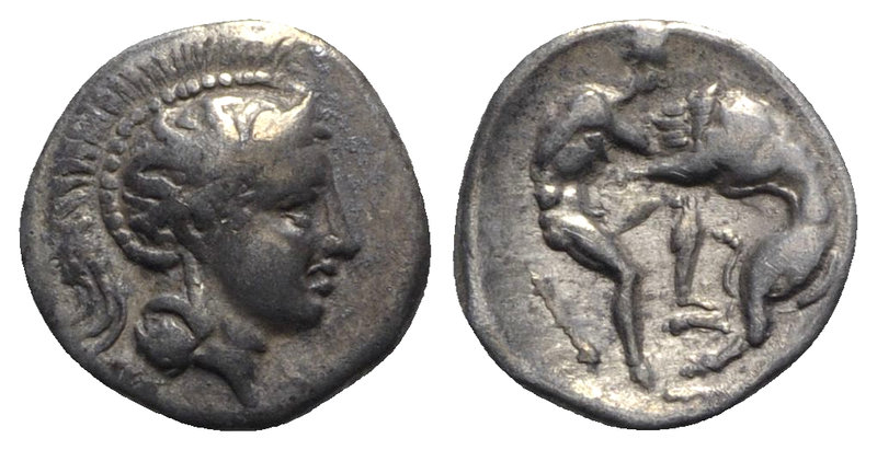 Southern Apulia, Tarentum, c. 380-325 BC. AR Diobol (10mm, 1.21g, 12h). Helmeted...