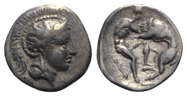 Southern Apulia, Tarentum, c. 380-325 BC. AR Diobol (10mm, 1.21g, 12h). Helmeted head of Athena r., helmet decorated with hippocamp. R/ Herakles stand...