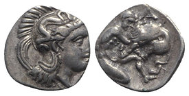 Southern Apulia, Tarentum, c. 380-325 BC. AR Diobol (11mm, 1.25g, 7h). Helmeted head of Athena r., helmet decorated with hippocamp. R/ Herakles standi...