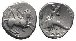 Southern Apulia, Tarentum, c. 332-302 BC. AR Nomos (19mm, 7.81g, 5h). Warror, preparing to throw spear and holding shield and two more spears, on hors...