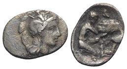 Southern Apulia, Tarentum, c. 325-280 BC. AR Diobol (13mm, 0.99g, 9h). Head of Athena r., wearing crested helmet decorated with Skylla. R/ Herakles st...