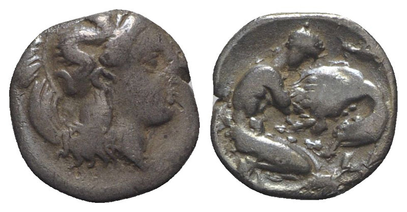 Southern Apulia, Tarentum, c. 325-280 BC. AR Diobol (10mm, 1.13g, 12h). Helmeted...