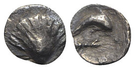 Southern Apulia, Tarentum, c. 325-280 BC. AR Hemilitron (8mm, 0.39g, 9h). Shell. R/ Dolphin leaping r.; thunderbolt below. Vlasto 1506; HNItaly 980. V...