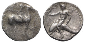 Southern Apulia, Tarentum, c. 280-272 BC. AR Nomos (21mm, 6.27g, 6h). Philokra- and Aristo-, magistrates. Nude youth on horseback r., crowning horse w...